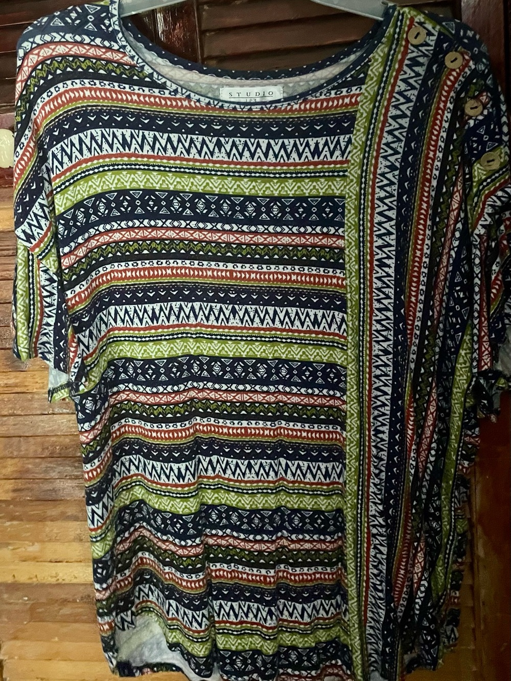 Studio Navy Multicolor Striped Tribal Short Sleeve Top